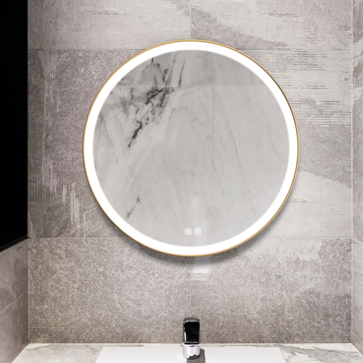 DECORAPORT 28 x 28 Inch LED Bathroom Mirror with Touch Button, Light Luxury Gold, Anti Fog, Dimmable, Vertical Mount (D902-2828)