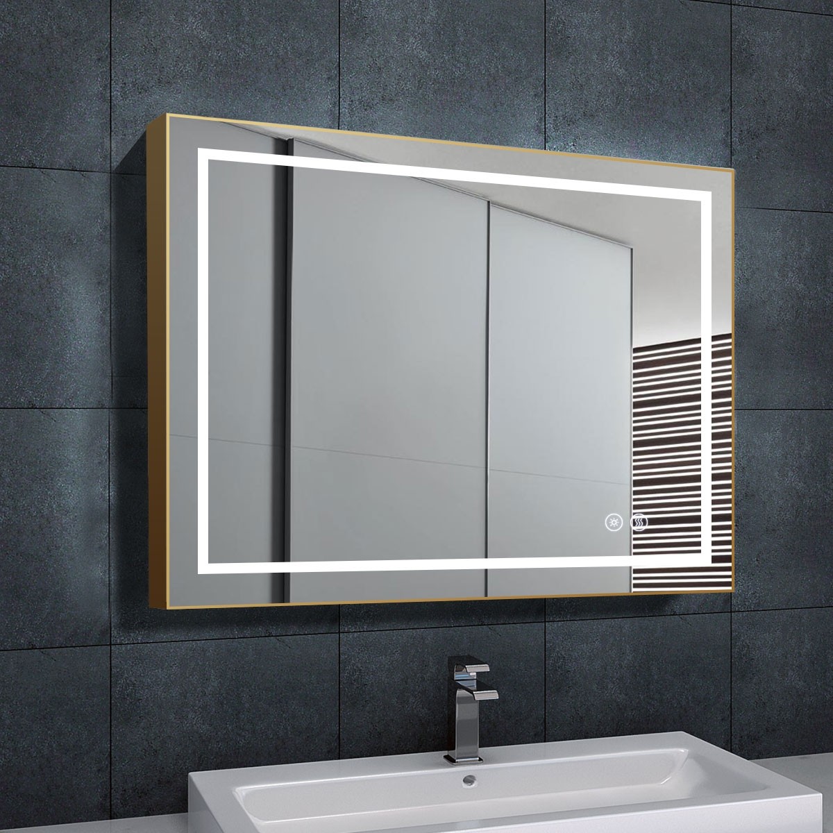 DECORAPORT 36 x 28 Inch LED Bathroom Mirror with Touch Button, Light Luxury Gold, Anti Fog, Dimmable, Vertical & Horizontal Mount (D713-3628)