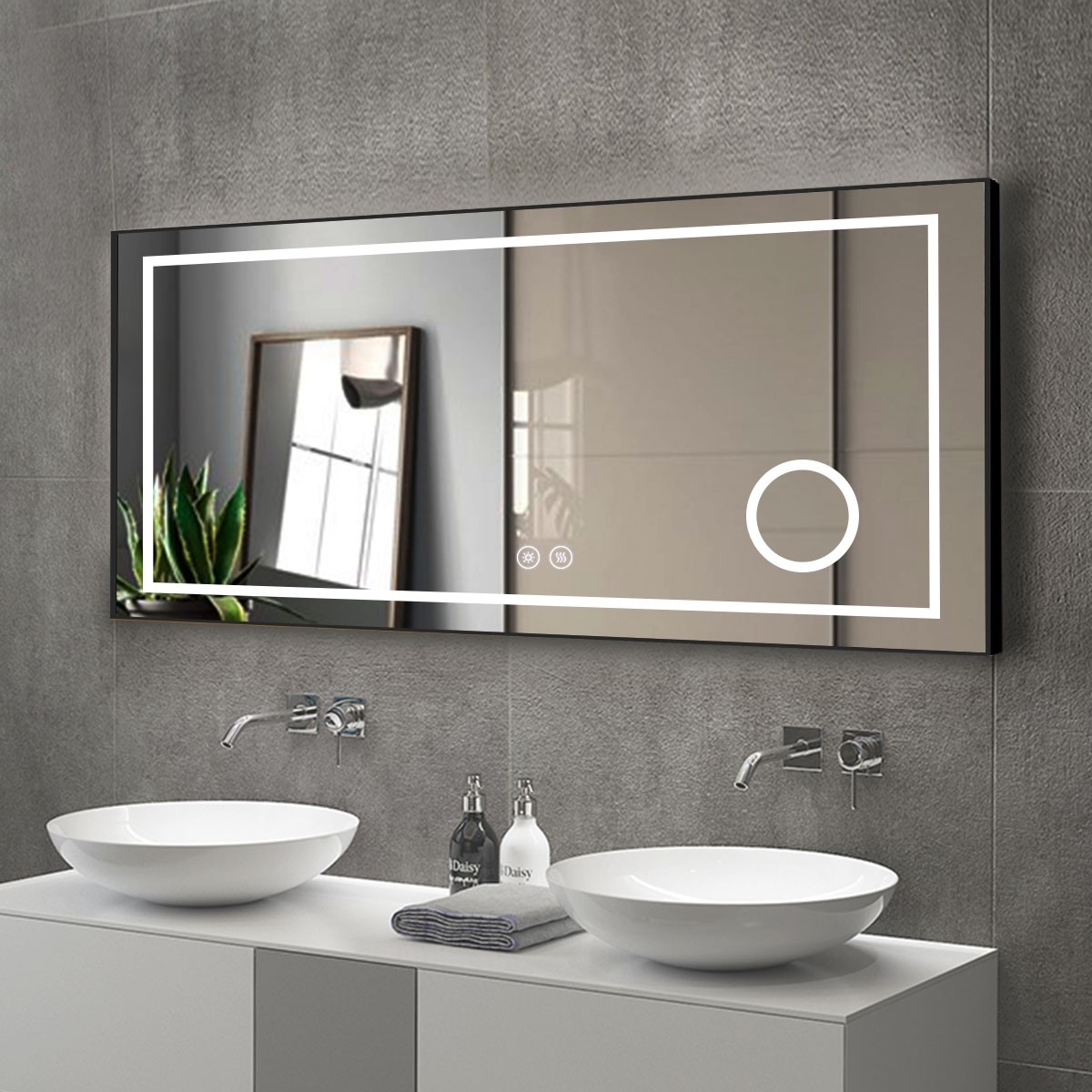 DECORAPORT 60 x 28 Inch LED Bathroom Mirror/Dress Mirror with Touch Button, Magnifier, Anti Fog, Dimmable, Horizontal Mount (D621-6028C)